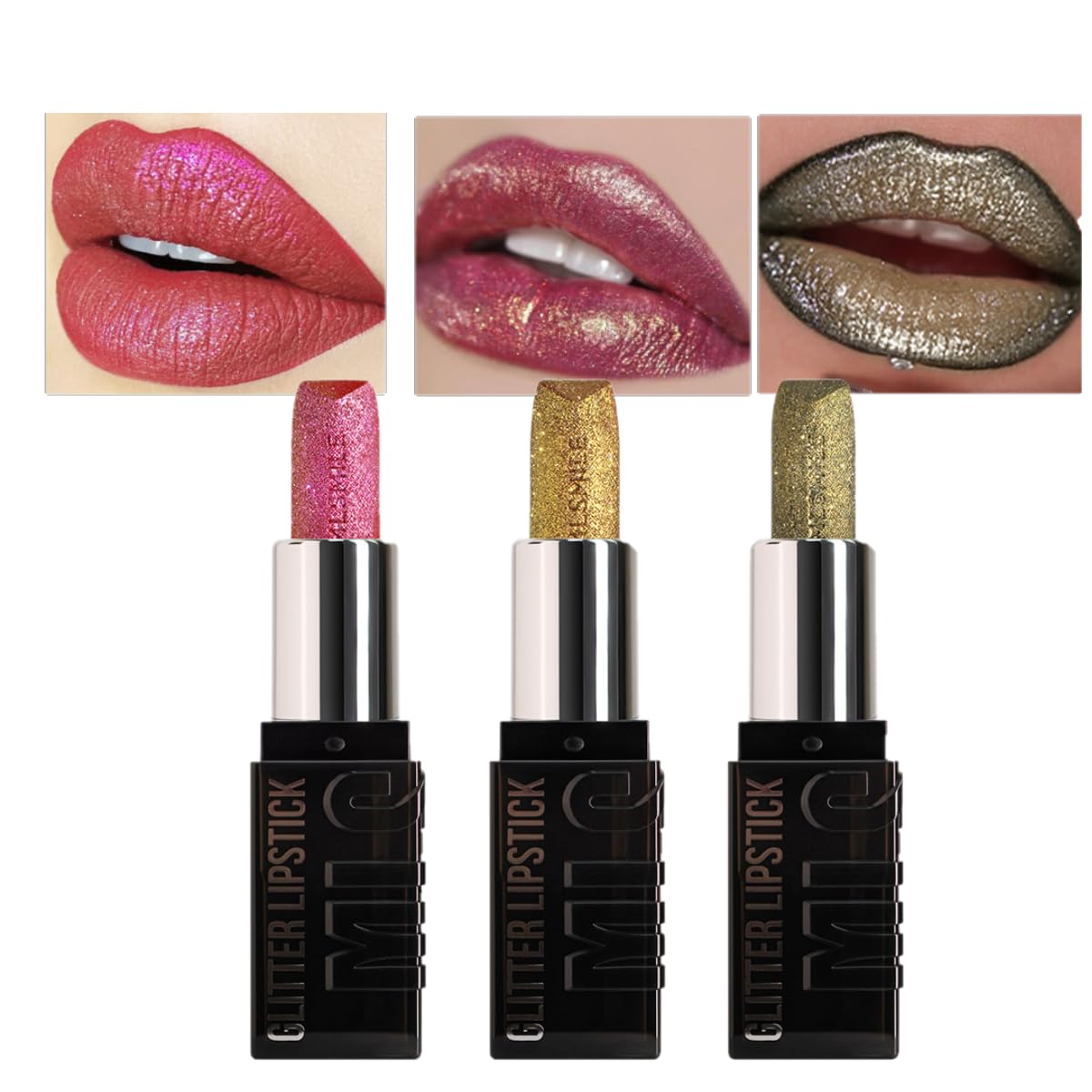KARLOR Glitter Lipstick Set, 3 Piece Metallic Lipsticks Set, Shiny Lipsticks Shimmer Diamond Lipstick with Metallic Pearlescent, Metallic Lipstick Pink Gold Bronze Festival (B Set)