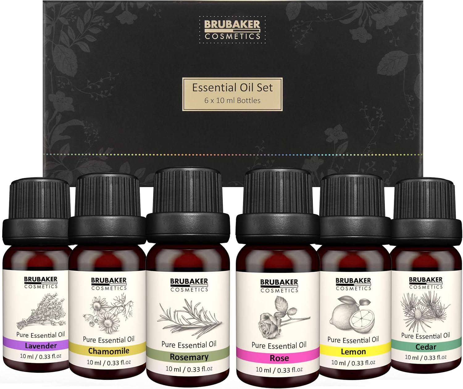 BRUBAKER Cosmetics Set of 6 Essential Oils Aromatherapy Oils 6 x 10 ml - Lavender Rose Rosemary Chamomile Lemon Cedar - Fragrance Oil for Diffuser Humidifier Massage Aromatherapy Body Care