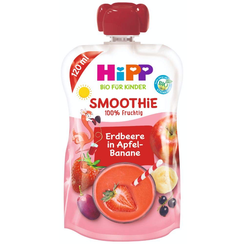 HiPP Smoothie Mix im Quetschbeutel, Rote Früchte in Apfel-Banane, 100% Bio-Früchte ohne Zuckerzusatz, 6 x 120 ml Beutel