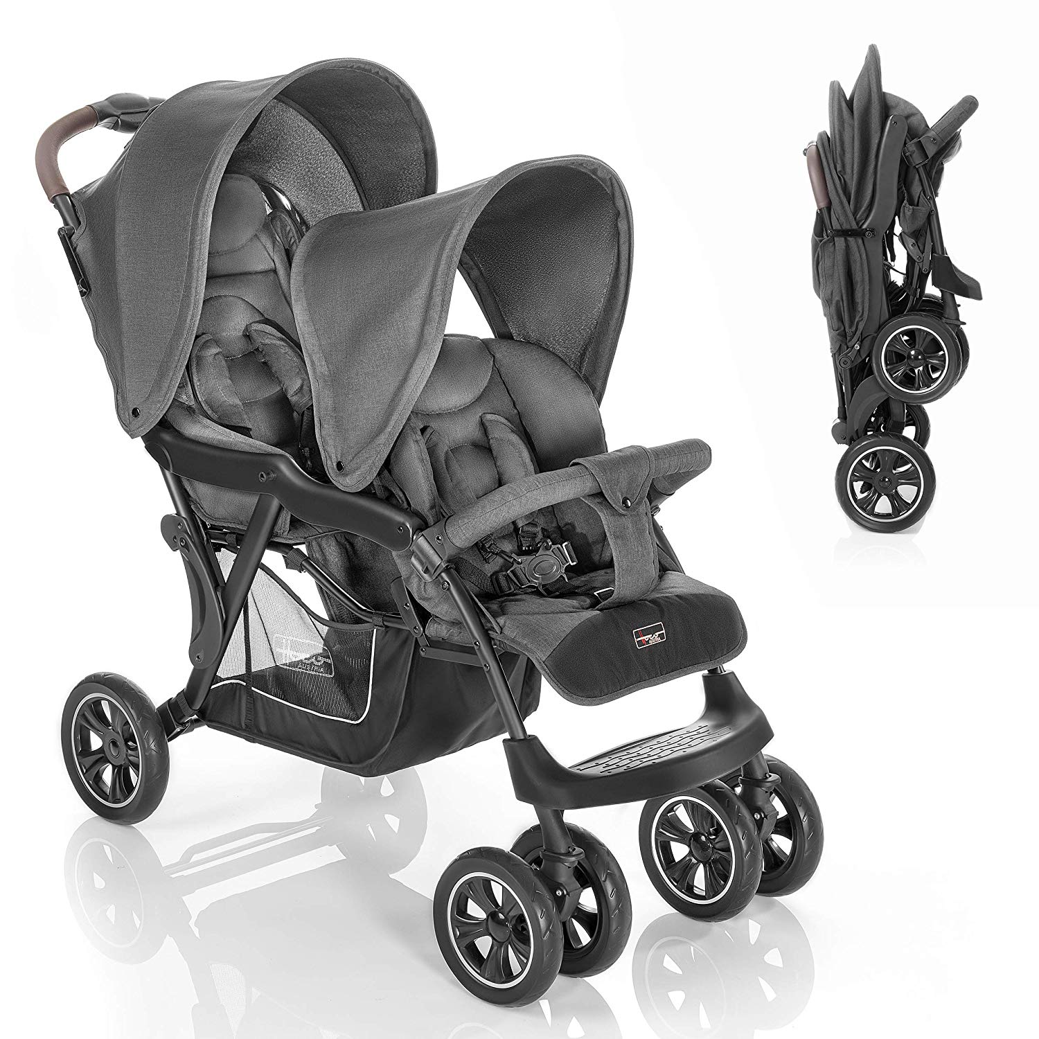Hoco Tandem Twin Pushchair - Lightweight Buggy for 2 Children/Narrow and Agile Sibling Pushchair, Small Folding with One-Hand Folding Mechanism - Grey