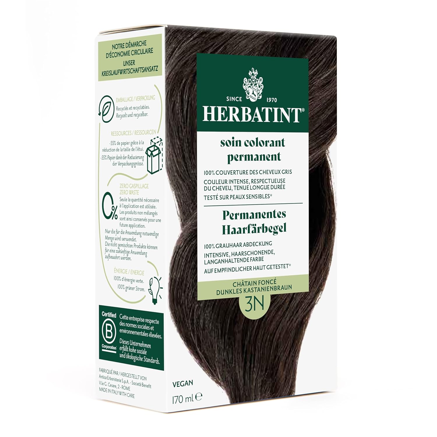 Herbatint Permanent Hair Dye Gel 3N Dark Chestnut Brown - 170 ml I No Ammonia, 100% Gray Hair Coverage I Tested for Sensitive Skin with 8 Plant Extracts