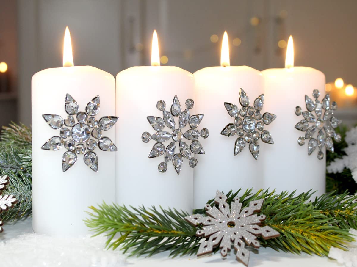 LB H&F Set of 4 Candle Studs Decoration Silver Advent Decoration (Rhinestone Flowe