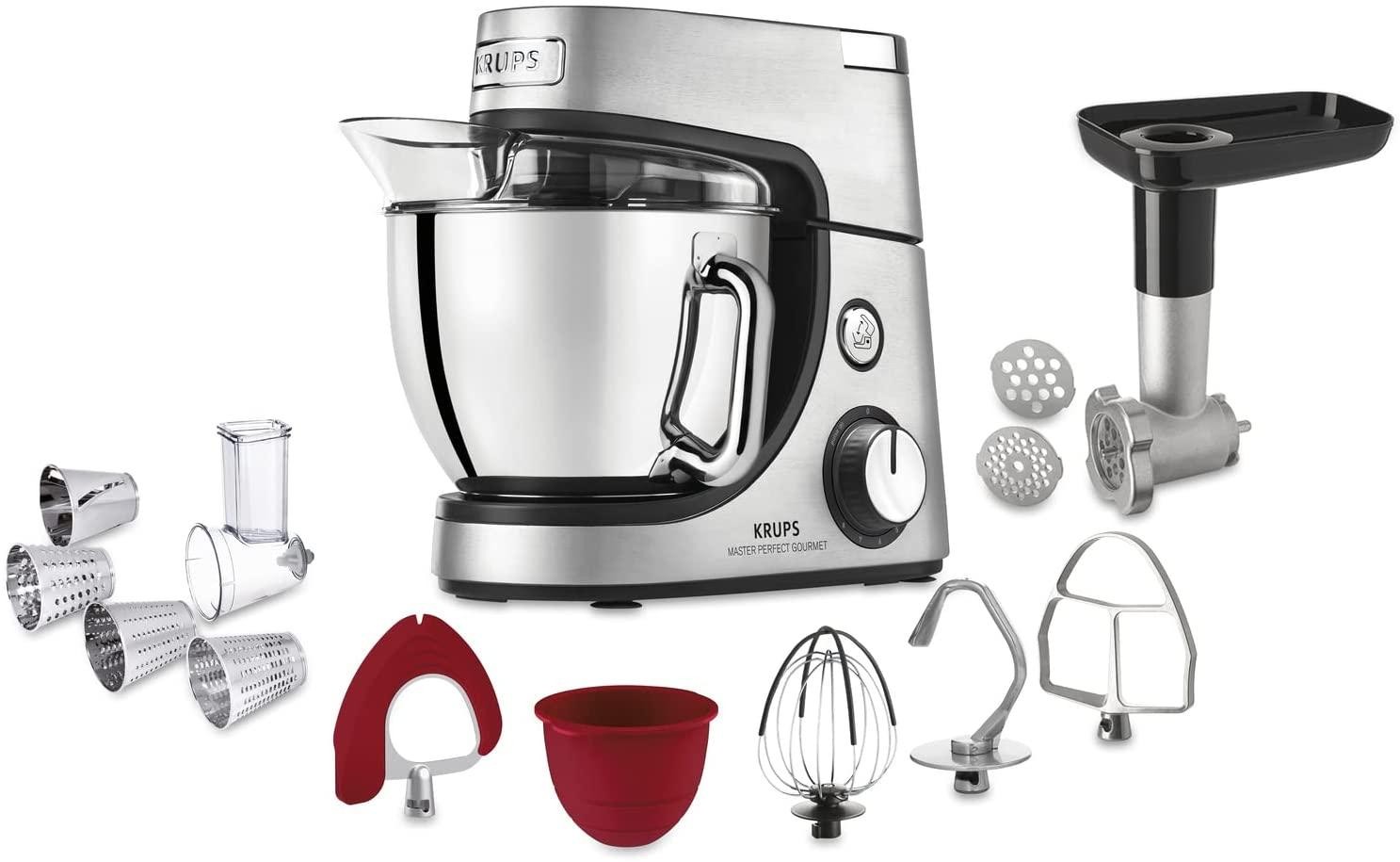 Krups KA631D Master Perfect Gourmet food processor; 1100 Watt; 8 speeds; 4.6 L stainless steel bowl; 5 accessories: Baking set, flex bowl, shavings, lower lifter, meat grinder, brushed stainless steel