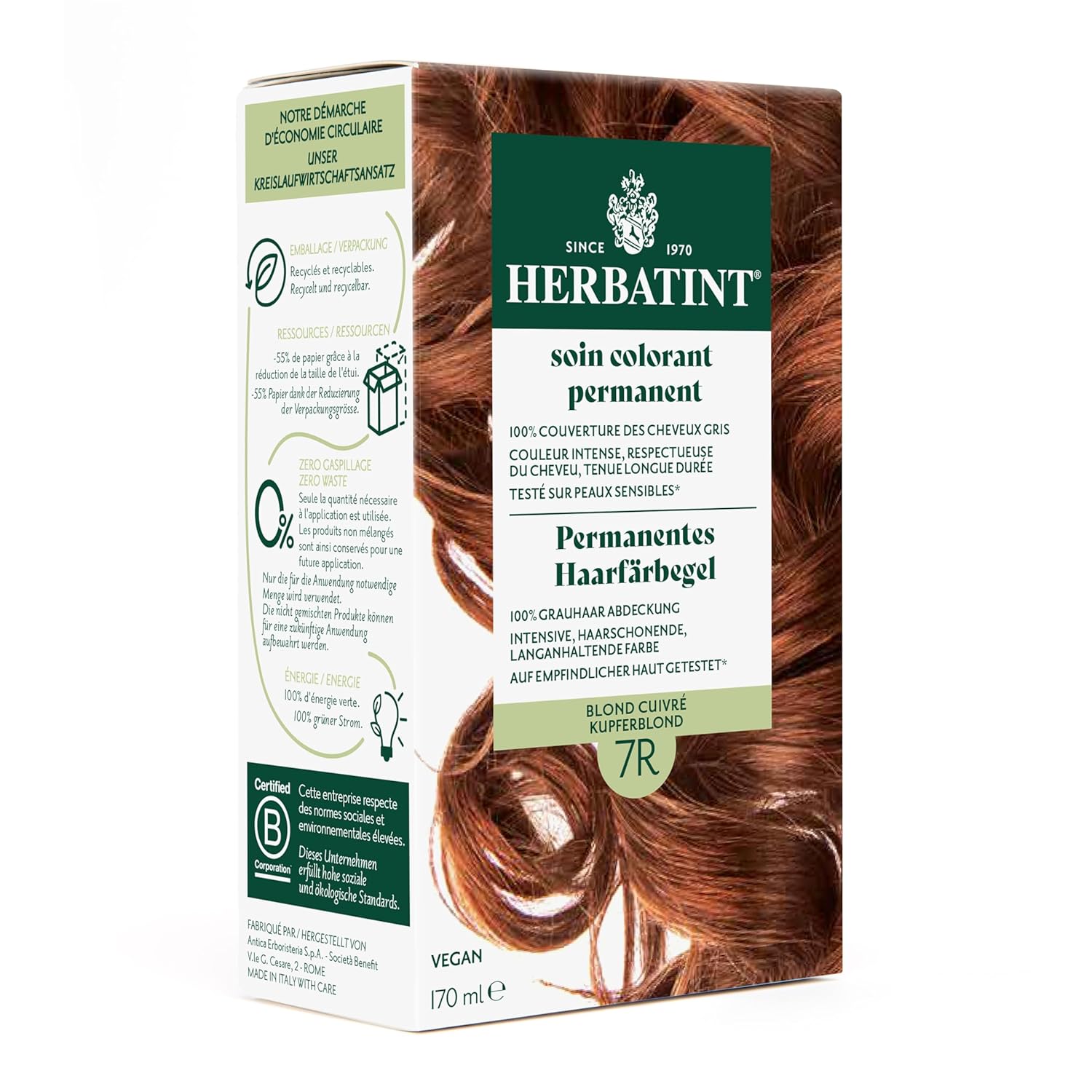 Herbatint Permanent Hair Dye Gel 7R Copper Blonde - 170 ml I No Ammonia, Optimal Gray Hair Coverage I Tested for Sensitive Skin with 8 Plant Extracts
