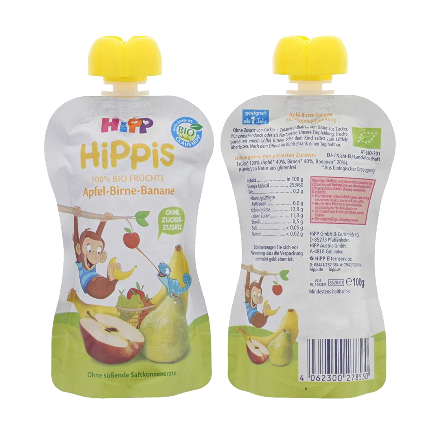 HiPP HiPPiS Quetschbeutel, Apfel-Birne-Banane, 100% Bio-Früchte ohne Zuckerzusatz, 6 x 100 g Beutel