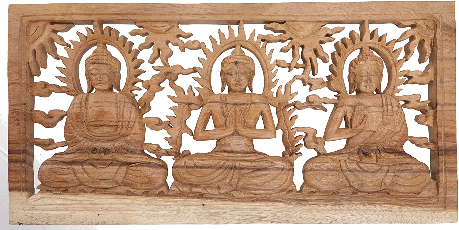 GURU SHOP Carved Wall Picture Decorative Wall Relief 3 Buddhas, Brown, 26 x 50 x 1.5 cm, Masks & Wall Decoration