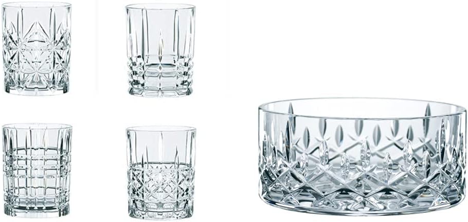 Spiegelau & Nachtmann, Noblesse 0096060-0 Set of 4 Tumblers Crystal Glass 345 ml Highland 0095906-0 and 2-Piece Bowl Set, Crystal Glass, Diameter 11 cm