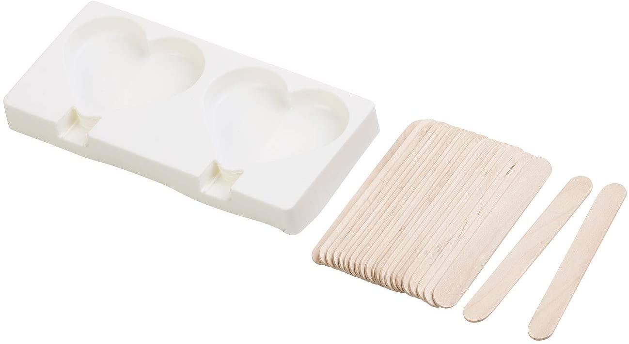 Rosenstein & Söhne Silicone ice mould: silicone mould for 2 heart-shaped ice lollies each 80 ml, with 24 wooden sticks (silicone baking mould)