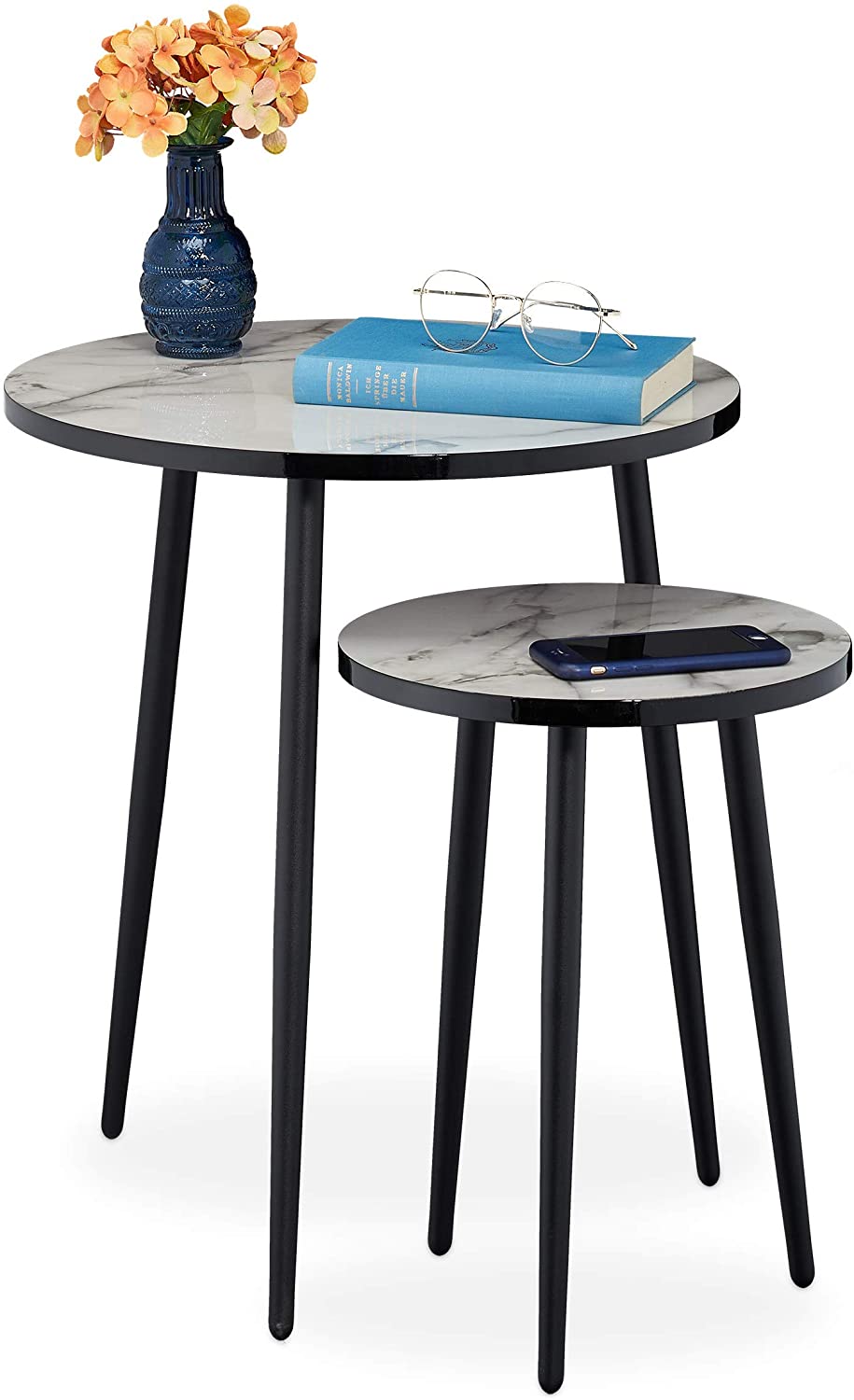 Relaxdays Beistelltisch Marmor-Optik, 2Er Set, Runde Tischplatte, Sofatisch