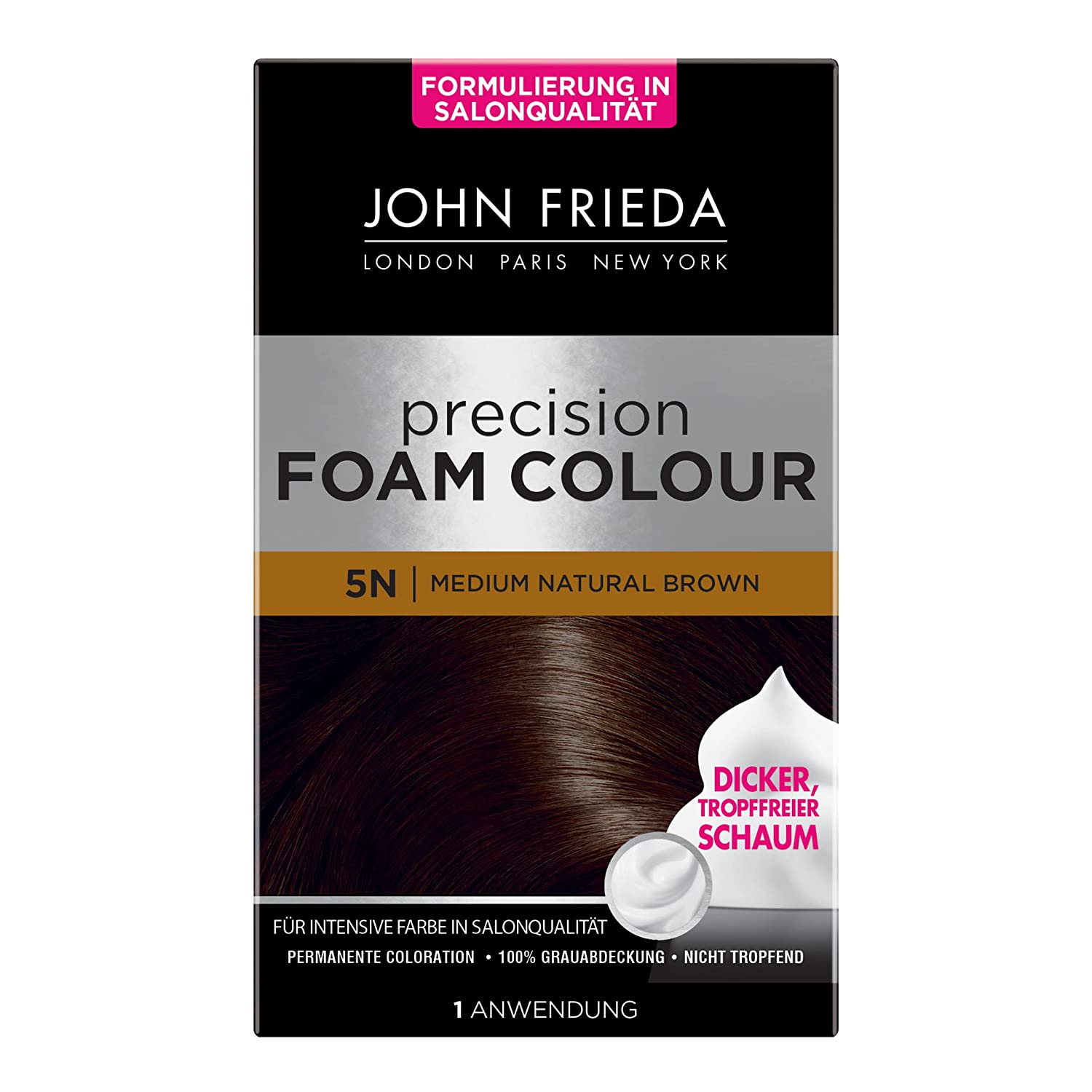 John Frieda Precision Foam Colour - Colour: 5N Medium Natural Brown - Medium Brown - Permanent Foam Colour - Perfect, Even Coverage - Single Application, ‎brown