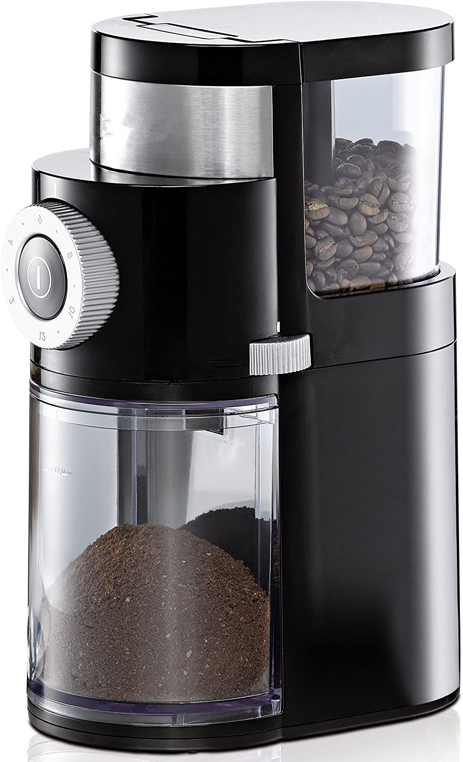 meideng Coffee Grinder Aroma Preservating Disc Mill, Grinding Level from Coarse to Fine Adjustable, 2-12 Servings, Bean Container Capacity 250 g, 110 Watt, Black