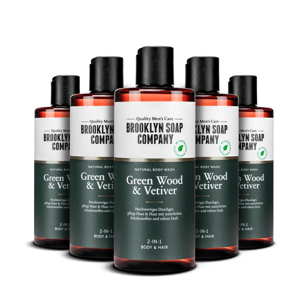 Brooklyn Soap Company Green Wood & Vetiver Body Wash Pack of 5 - 2-in-1 Shower Gel for Men for Skin and Hair - Shower Gel Value Pack for Men