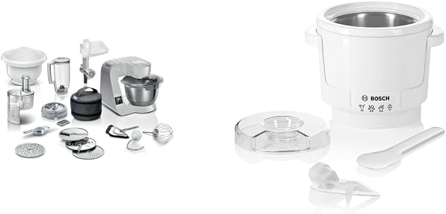 Bosch Food Processor Series 4 MUM5XL72, Integrated Scales, 2 x Bowls 3.9 L & MUZ5EB2, 550 ml, Homemade Ice Cream, Sorbet and Frozen Yoghurt, White, Suitable for Series 4 Food Processor