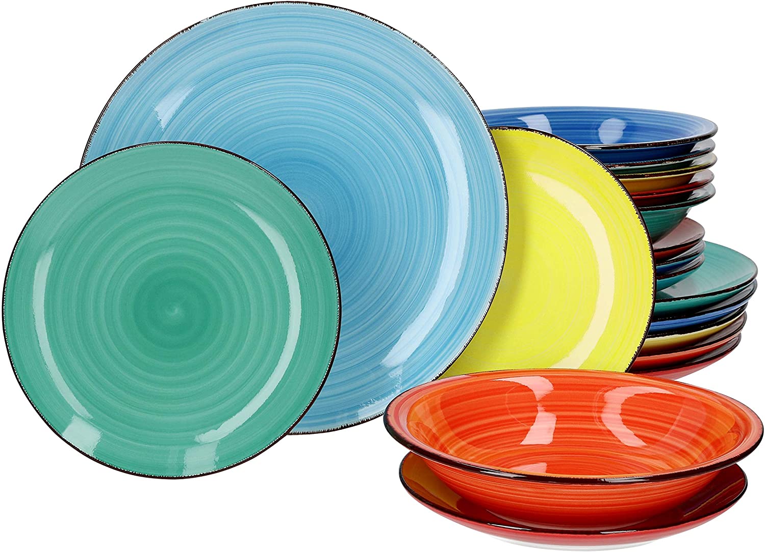 MamboCat Colour Power Plate Set Earthenware Service Set I Dinnerware 6 People Modern Hand-Painted Oven Safe 6 Dinner Plates 6 Colourful Soup Plates 6 Cake Plates Vintage Table Set 18 Pieces