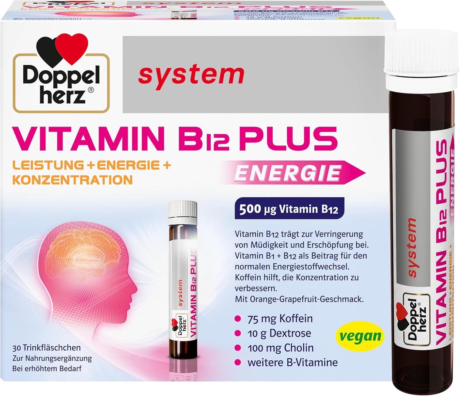 Doppelherz System Vitamin B12 Plus - Vitamin B12 contributes to the reduction of fatigue and fatigue and supports the normal functioning of the nervous system - 30 drinking bottles