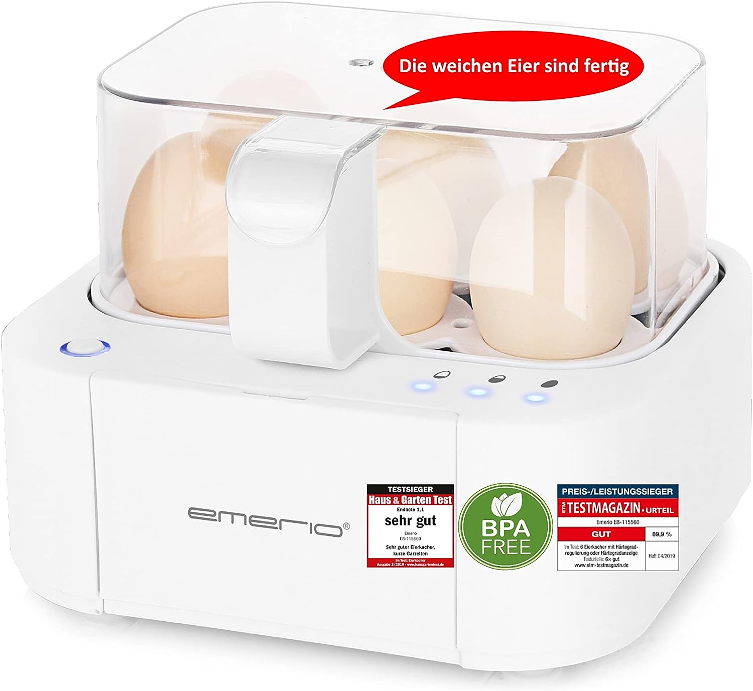 Emerio Best egg cooker EB-115560 boils all three cooking levels [soft|medium|hard] in just one cooking process with perfect results and voice output, unique in technology and design, model 2022