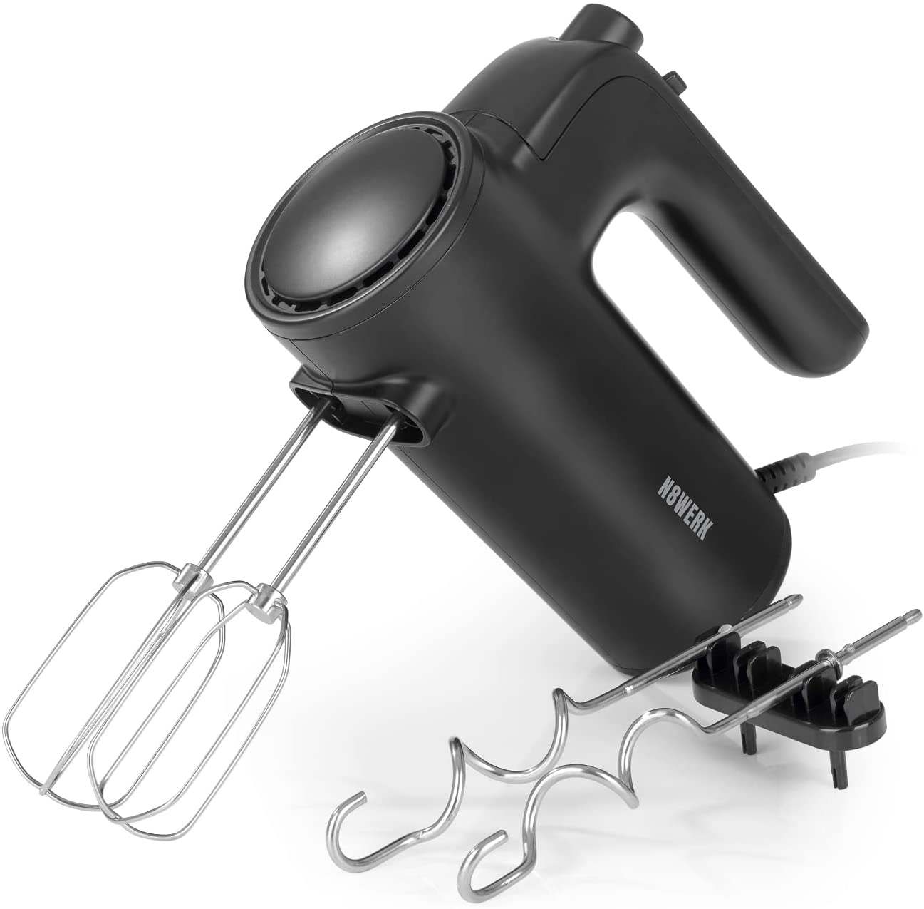 N8WERK 9049 Hand Mixer in the Midnight Edition | 2 Whisk and 2 Dough Hooks Made of Stainless Steel | 5 Speeds Plus Turbo Button | Holders for Inserts | 400 Watt