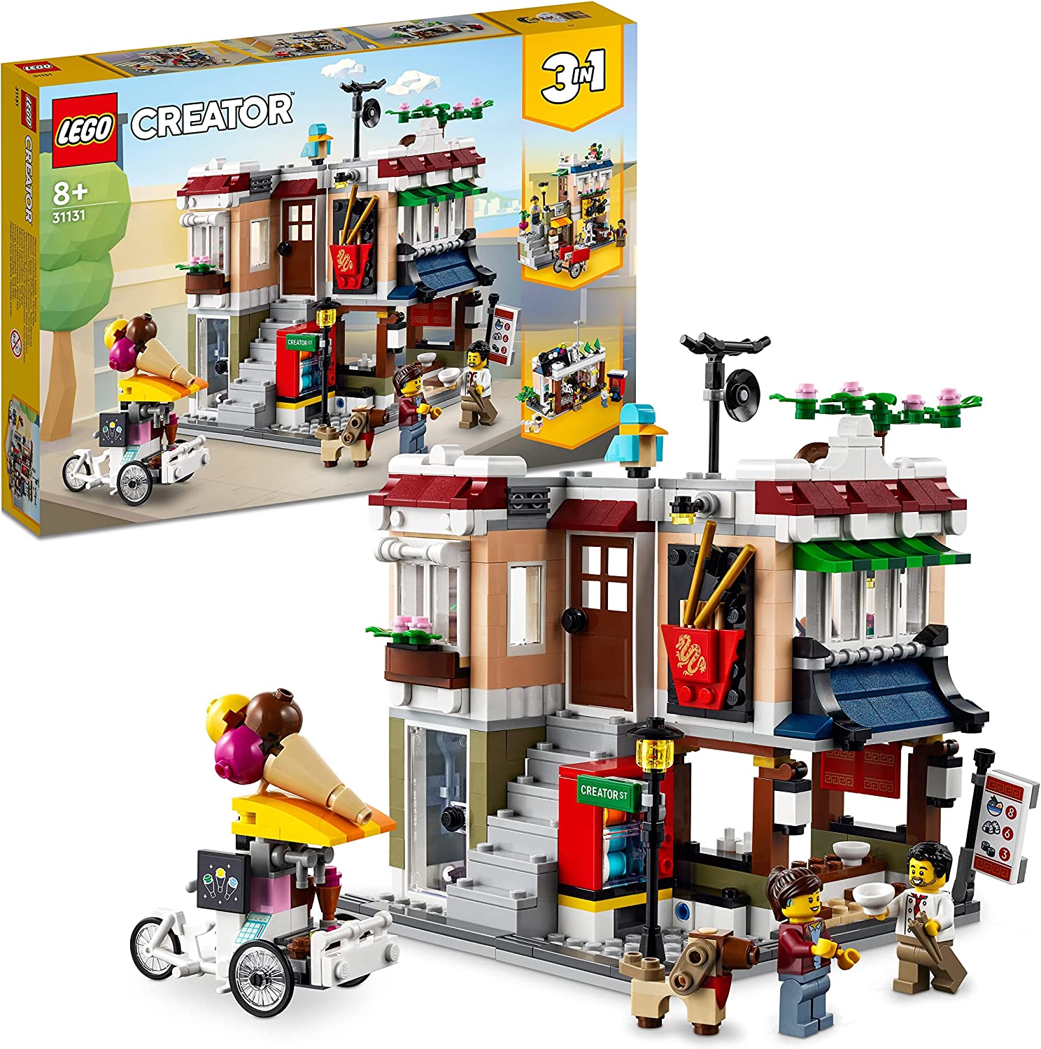 LEGO 31131 Creator Pasta Shop, Bicycle Shop and Play Hall, 3-in-1 Construction Toy for Children from 8 Years, Modular Building