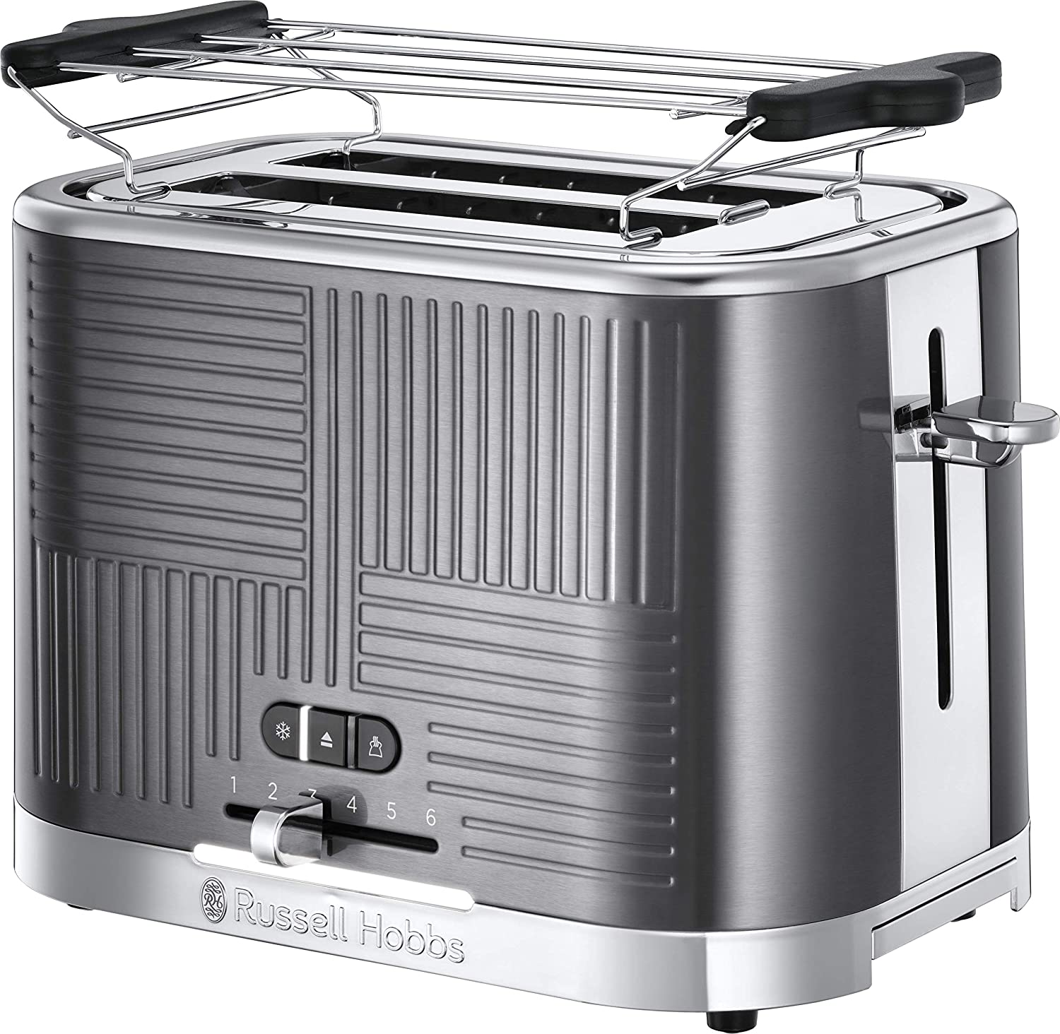 Russell Hobbs Geo Grey Stainless Steel Toaster, 2 Extra Wide Toast Slots, Includes Bun Attachment, 6 Adjustable Browning Levels + Defrost Function, Quick Toast Technology, 1640 W, 25250-56