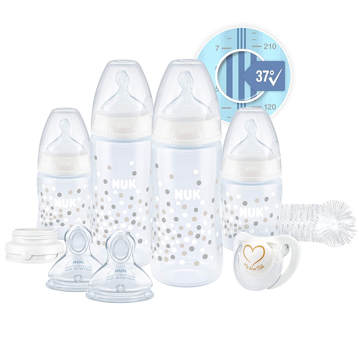 Nuk First Choice+ Perfect Start Baby Bottle Set Anti-Colic Baby Bottles (2 x 150 ml & 2 x 300 ml), Bottle Brush & More | BPA Free | 0-6 Months With temperature control.