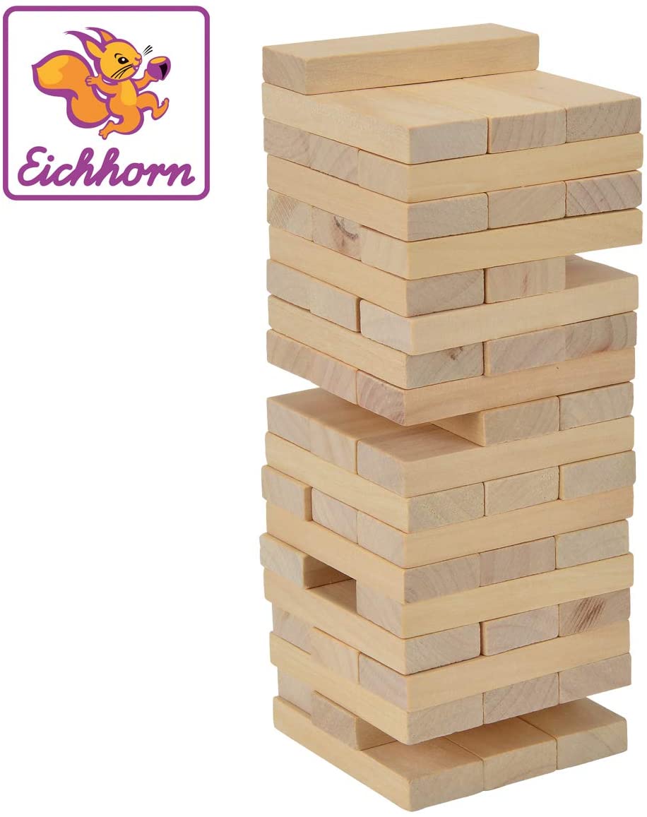 Eichhorn 100002466 Stapelspiel, Geschicklichkeitsspiel für die ganze Familie, Balance Tower gefertigt aus unbehandelten Holz, Wackelturm 54 teilig, geeignet ab 5 Jahren