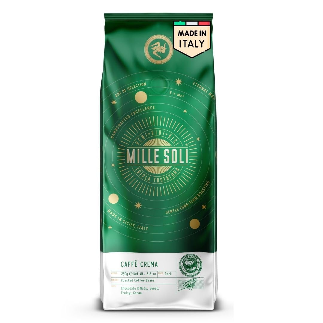 MilleSoli Caffè Crema - Coffee Beans Roasted in Sicily - Traditional Long-Term Roasting Process with Perfect Crema 250 g Bag, Particularly Low Acid for Fully Automatic and Portafilter