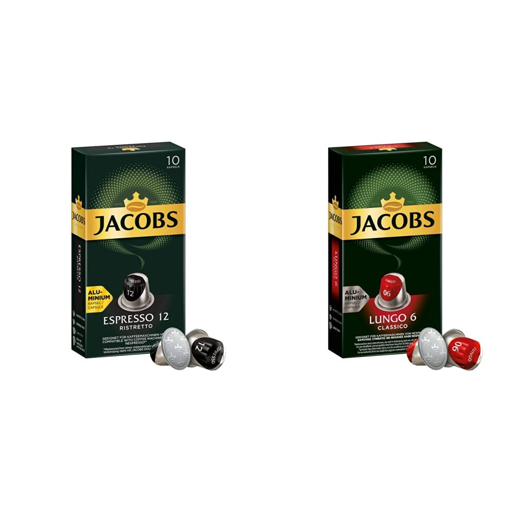Jacobs Espresso Ristretto Coffee Capsules, 10 x 10 Drinks & Capsules Lungo Classico Intensity 6, 100 Nespresso®* Compatible Coffee Capsules, Pack of 10, 10 x 10 Drinks