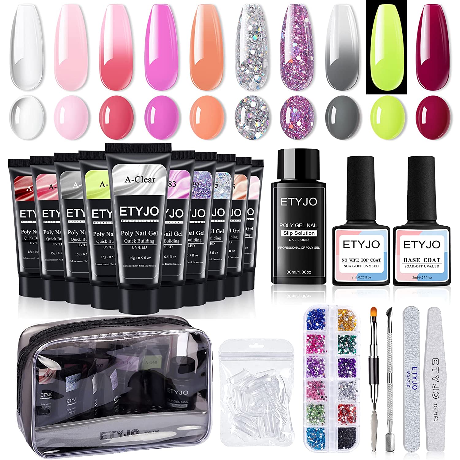 ETYJO Polygel Starter Set, 10 Colours Poly Nail Gel Glow in the Dark and Temperature Colour Changing Poly Gel Nails Set with Slip Solution, Base Top Coat, Nail Tips Nail Extension Kit for Beginners DIY Home, ‎clear nude pink