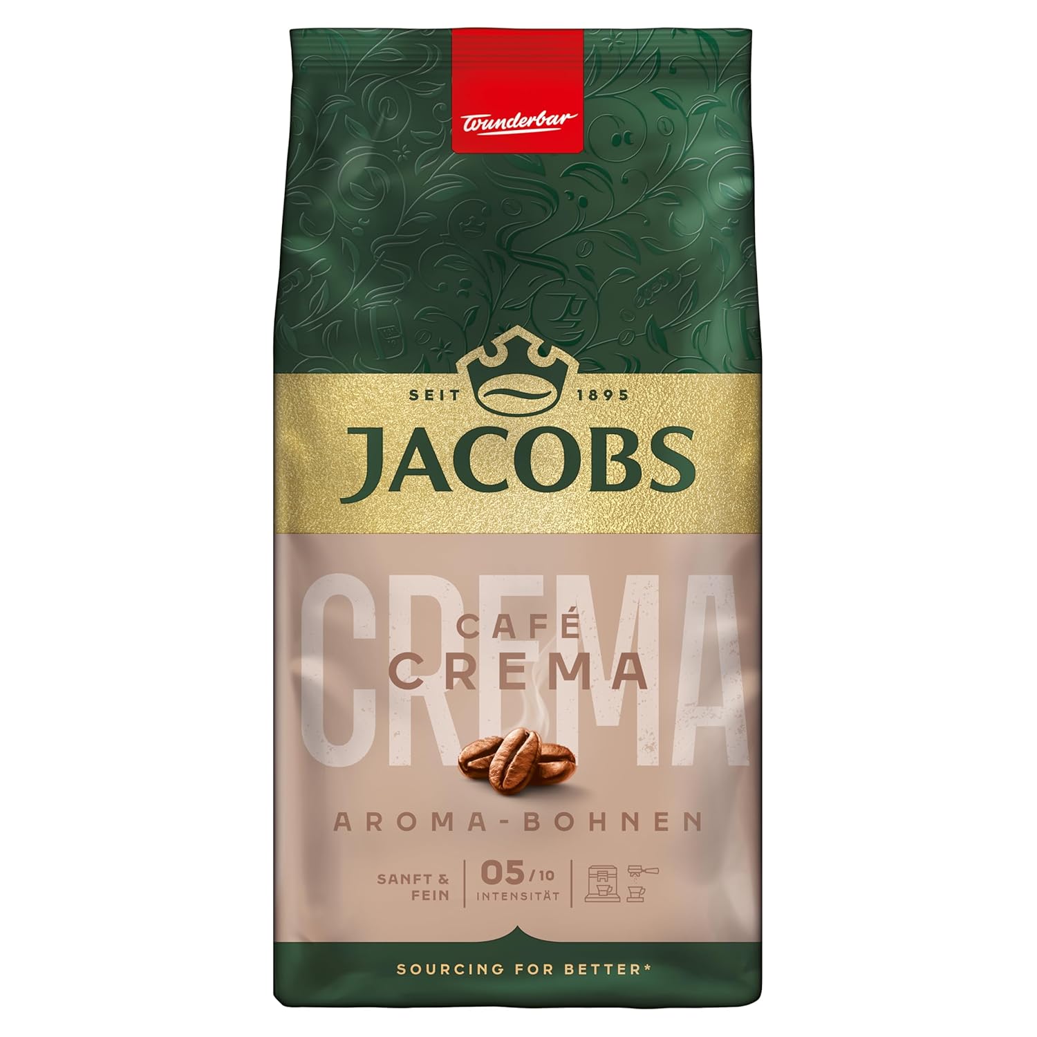 Jacobs Coffee Beans Café Crema Aroma Beans, Gentle & Fine Nutty, Roasted in Bremen, Intensity 5/10, Coffee Whole Beans, 500 g