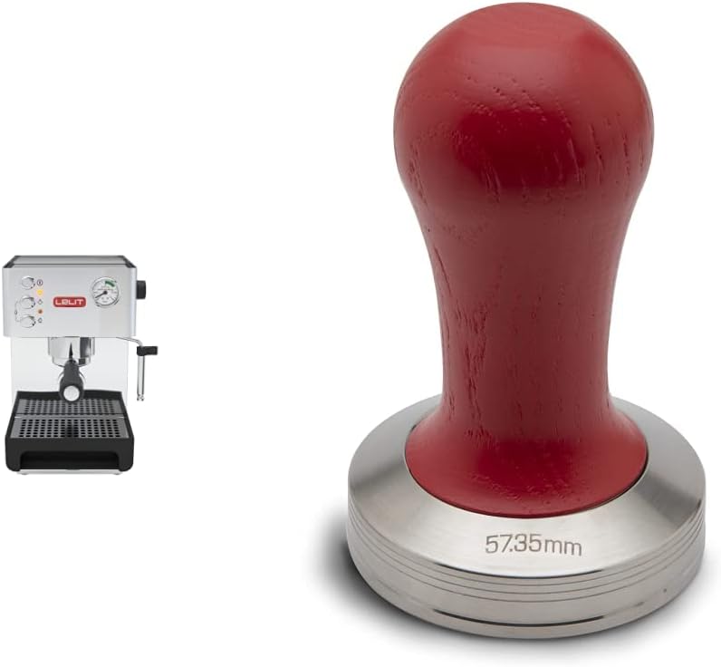 Lelit Anna PL41EM Semi-Professional Coffee Machine, for Espresso Cover, Cappuccino and Coffee Pads, 2.7 Liters, Stainless Steel & PLA471R LELIT58 Coffee Tamper, Stainless Steel, Red Wooden Handle