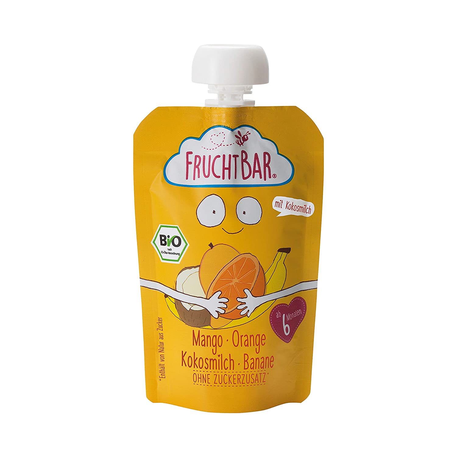 FruchtBar Bio Fruchtpüree Mango, Orange, Kokosnuss, Banane, im Quetschbeutel, 8x100g