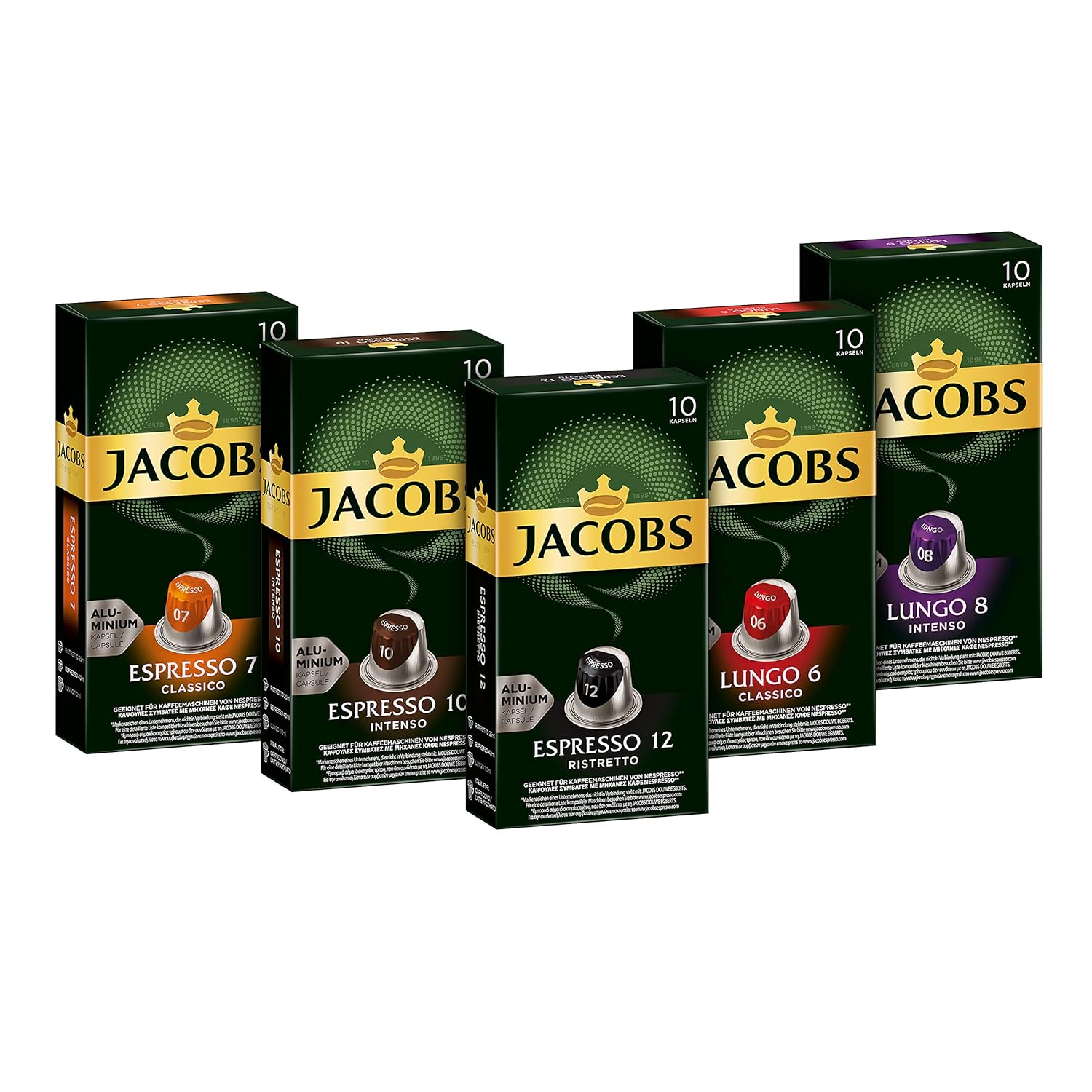 Jacobs Coffee Capsules, Tasting Box Nespresso®* Compatible Capsules with 5 Different Varieties, 5 x 10 Drinks, Pack of 50
