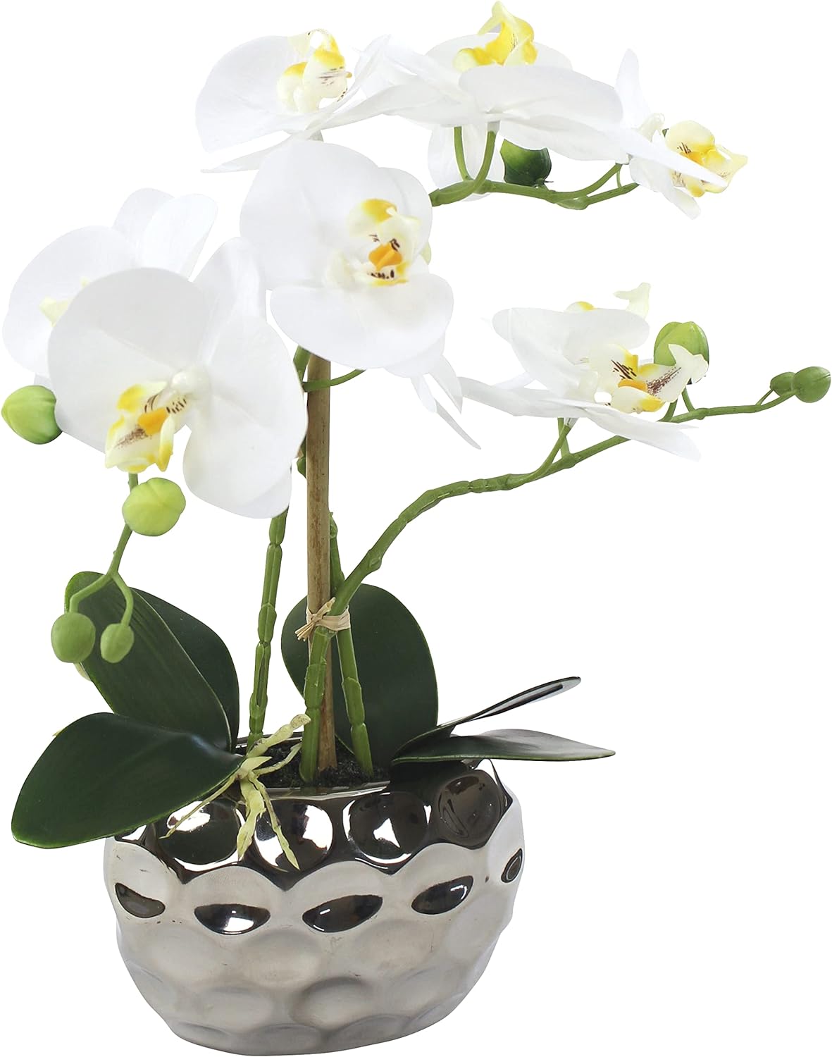DARO DEKO Artificial Orchid Plant Oval Pot Silver High Gloss and White Flowers 33 cm