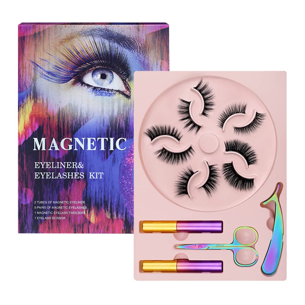 Fixleren Magnetic eyelashes set, reusable 3D magnetic false eyelashes, including 5 pairs of fake lashes, 2 magnetic eyeliners, 1 eyelash tweezers, 1 small scissors.