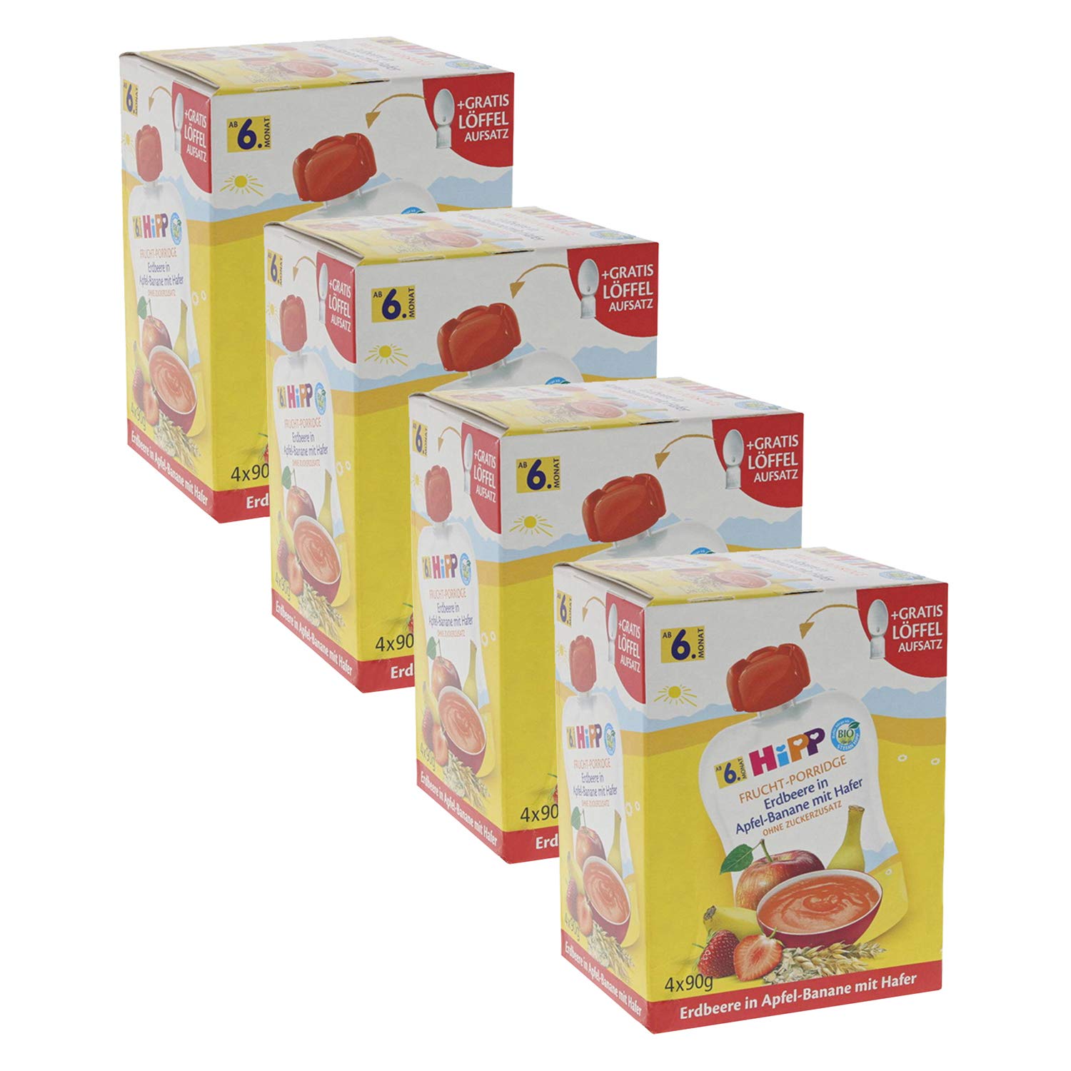 HiPP Quetschbeutel für Babys, Frucht-Porridge, Erdbeere in Apfel-Banane mit Hafer, 100% Bio-Früchte ohne Zuckerzusatz, 4 x 4 Beutel à 90 g
