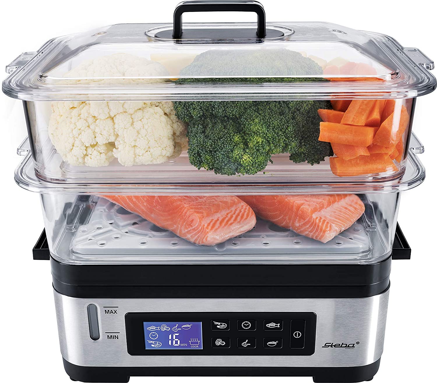 Steba DG 2 Electronic Steamer, Variable Cooking Chamber (3 - 6 Litres), BPA-Free, Includes Travel Insert, LCD Display with 5 Automatic Programmes, 30 Min Timer with Beep and End Shutdown