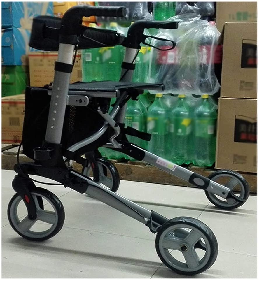 Rolling Walkers Folding Wheelchair for Elderly People with Backrest and Seat and Shopping Trolley with Foot Pedal for Elderly People (Color: Silver, Size: 92 × 66 × 67 cm)