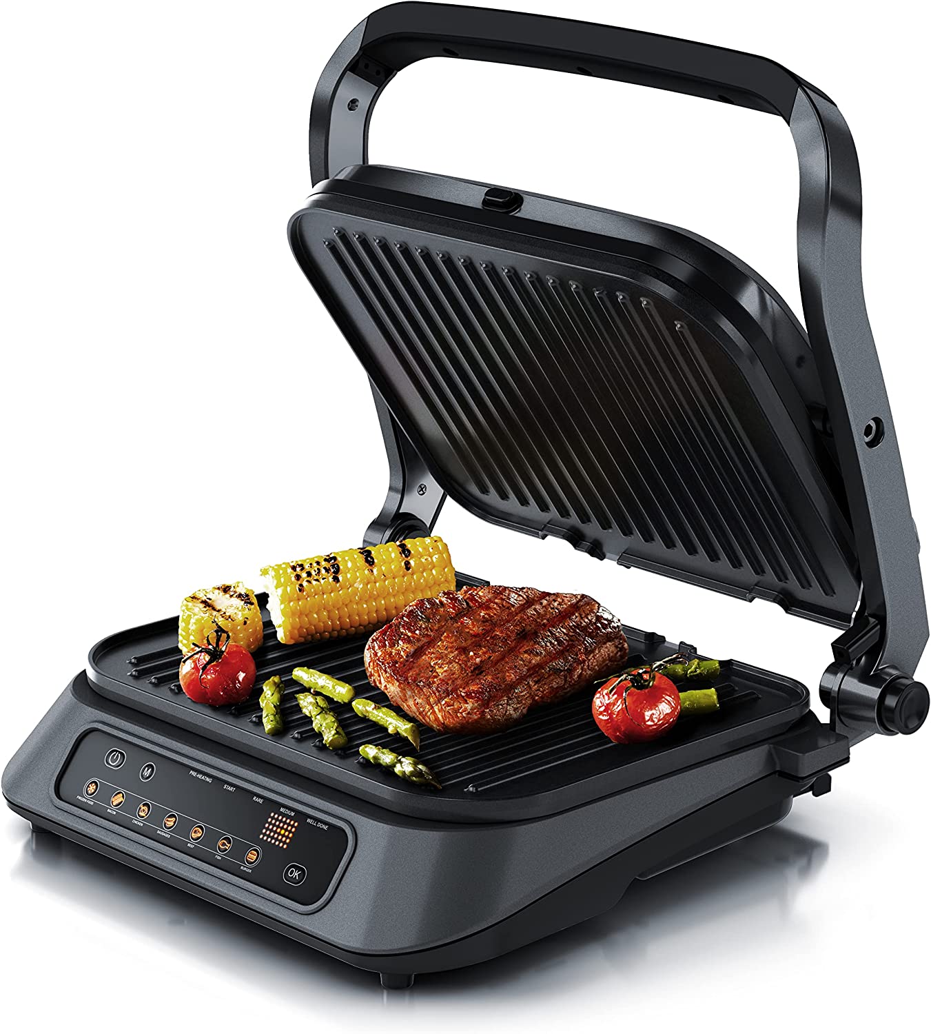 Arendo contact grill, electric grill with digital control, 1900 W, electric table grill sandwich maker, 7 programmes, non-stick coated stainless steel