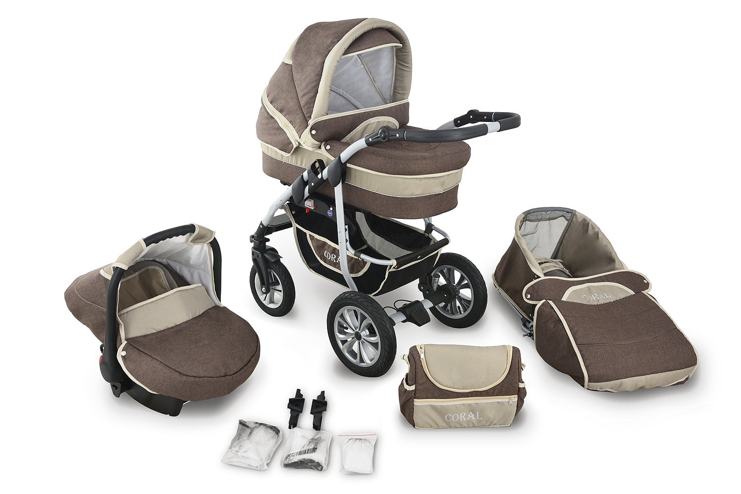 Clamaro \'CORAL 2019\' 3-in-1 Combi System (24 Colours) with Baby Cot, Sport Buggy and Car Seat (ISOFIX), Pneumatic Tyres, Adjustable Suspension 360° Swivel Wheels, Easy-Stop Brake  x-large