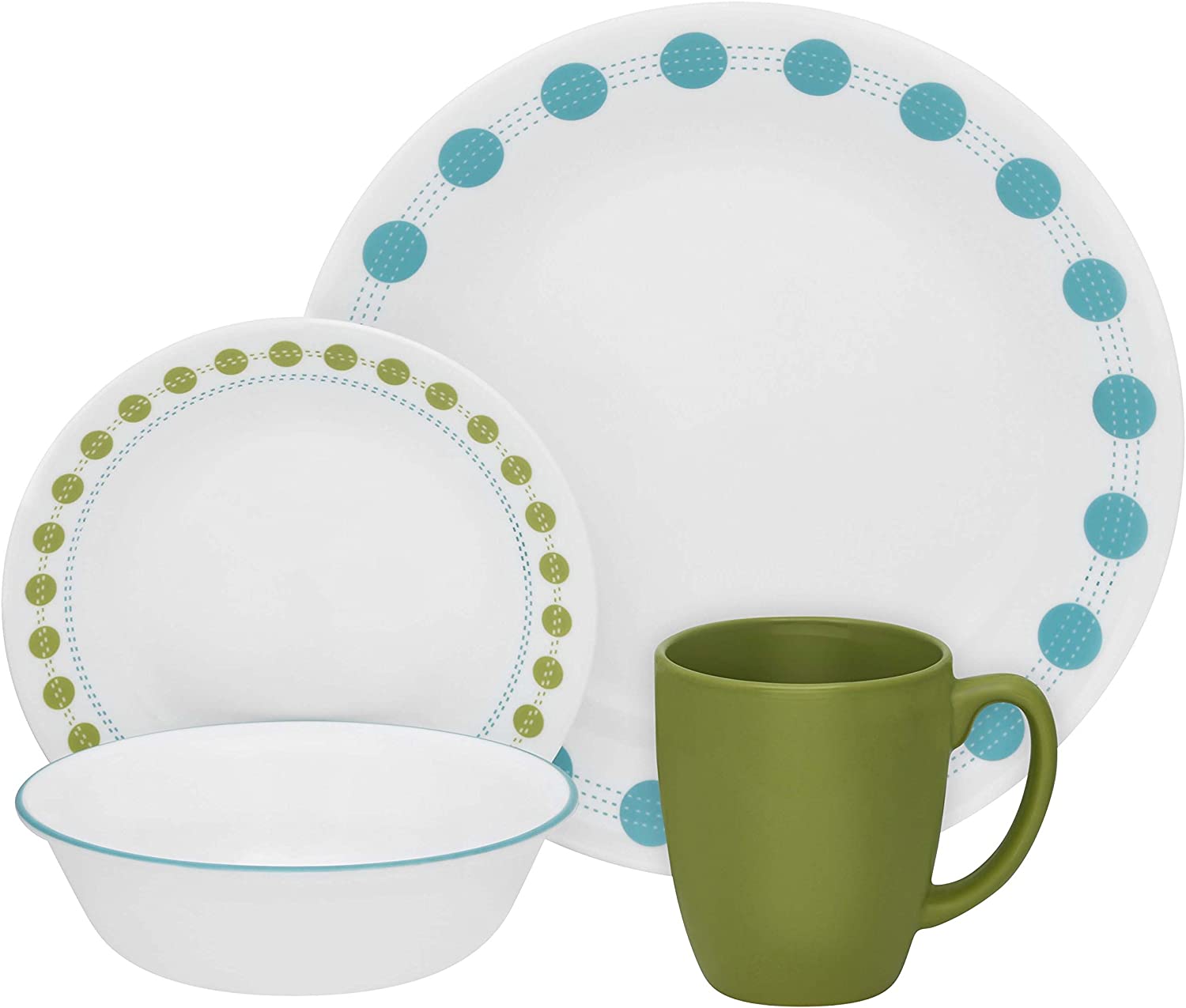 Corelle 16-Piece Vitrelle Glass South Beach Chip and Break Resistant Dinner Set, Service for 4, Blue/ Green