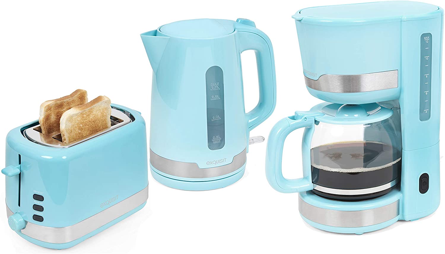 Exquisit Breakfast Set FS 7102 ppi | 2 Slice Toaster | Kettle | Tea Maker | Coffee Machine | Blue | Breakfast | Toast and Coffee