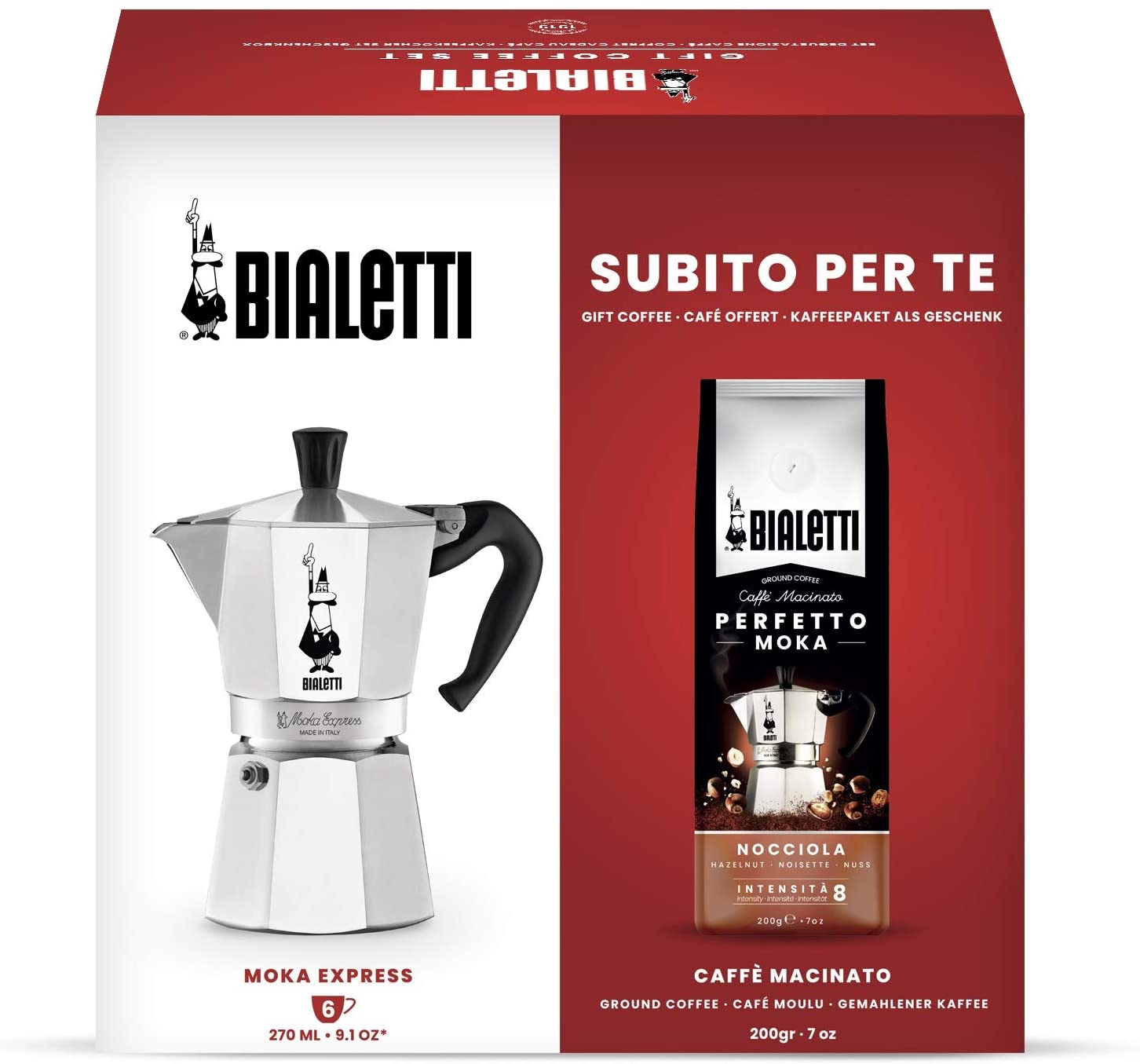Bialetti 3532 Express 6 Cups Coffee Machine + Perfetto Mocha Ground Coffee 200 g Hazelnut Flavour, Gift Box, Aluminium