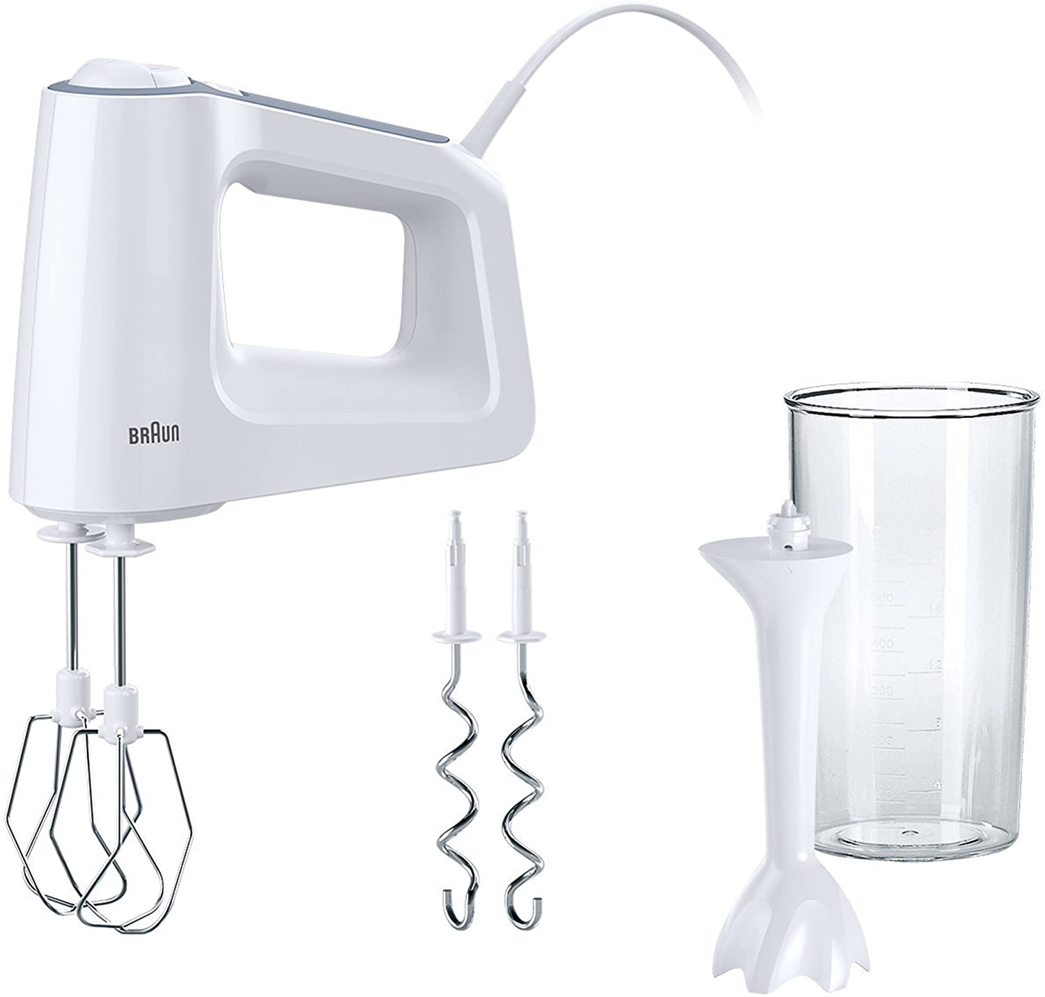 DeLonghi Braun MultiMix 3 HM 3105 Hand Mixer (500 Watt Hand Mixer, 5 Speed Levels + Turbo Function, Includes Whisk, Dough Hook, PowerBell Mixing Base and 600 ml Mixing and Measuring Cup) White