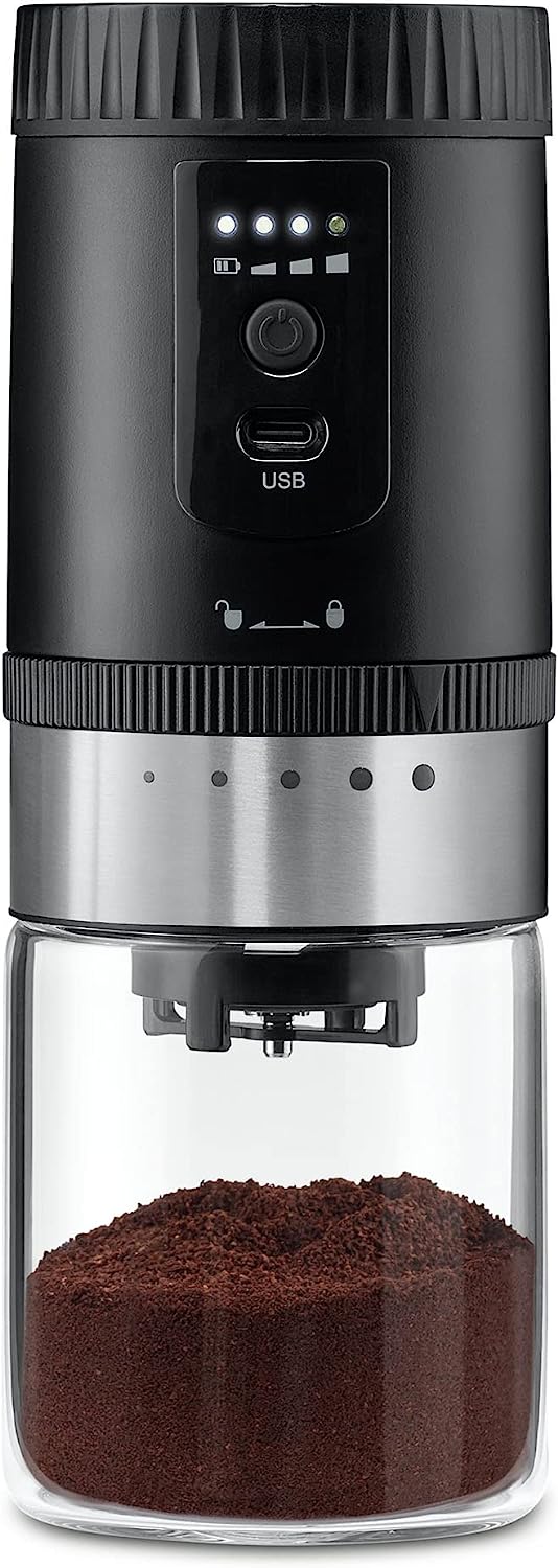 Tchibo Battery Operated Coffee Grinder, Glass Collection Container, Stainless Steel Grinding Ring, 5 Grinding Settings, Black/Silver