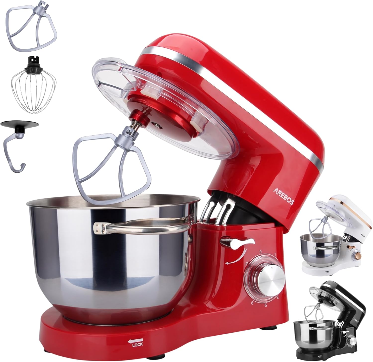Arebos Stand Mixer 1500 W with 6 L stainless steel mixing bowl, incl. whisk, dough hook, flat beater and splash guard, 6 speed settings and pulse function