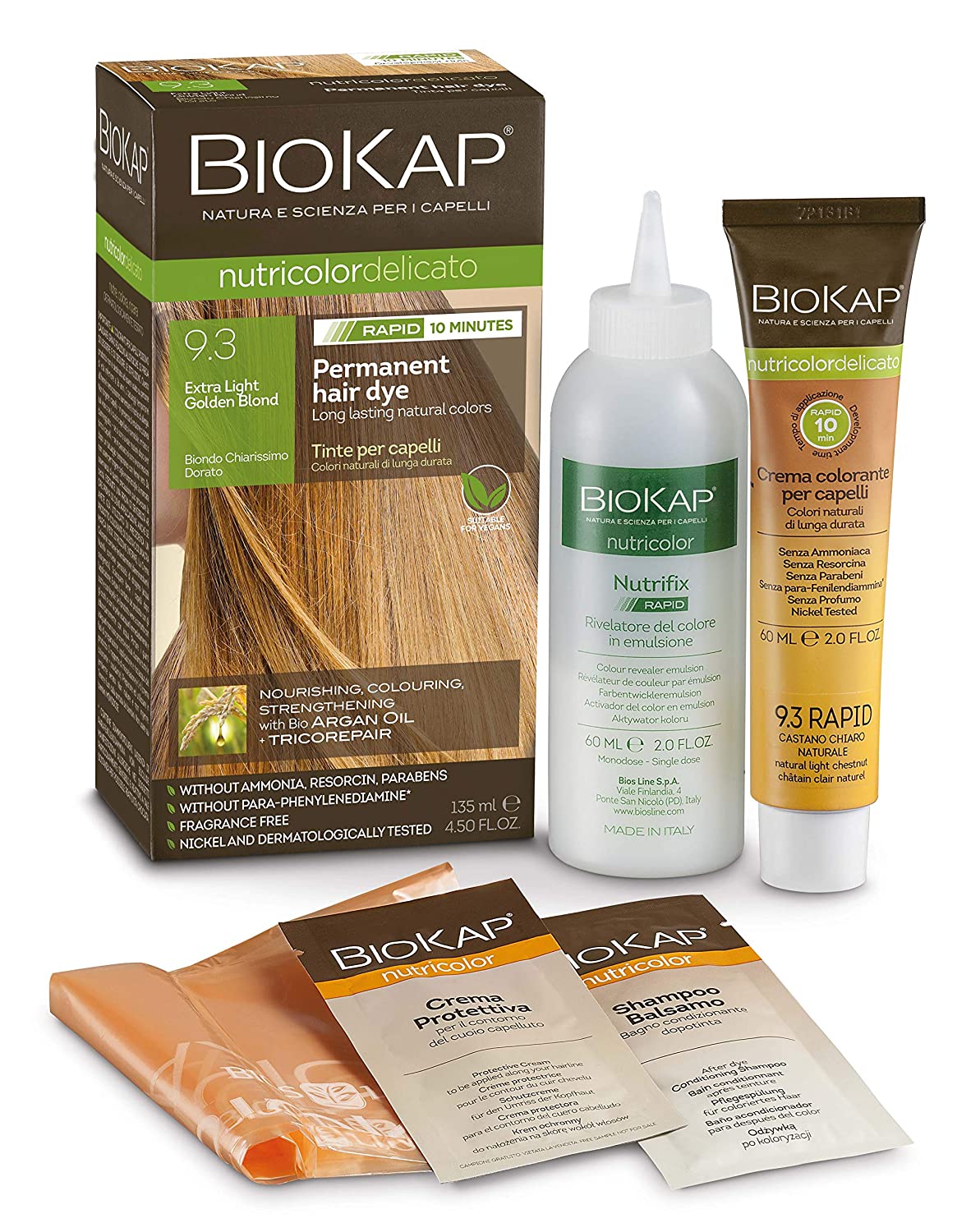 BioKap Extra Light Golden Blonde 9.3 Rapid Hair Colour 135 ml - Works in just 10 minutes, permanent, vegan and naturally nourishing formula suitable for sensitive skin., ‎gold