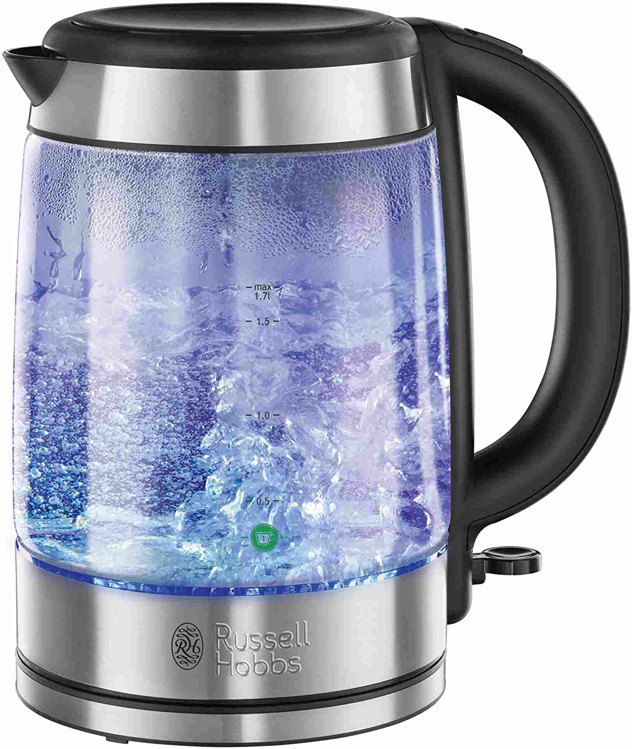 Russell Hobbs Kettle, Glass, 1.7 L, 2200 W, LED Lighting, 1-Cup Option, Stainless Steel, Removable Limescale Filter, Water Level with Capacity Marking, Tea Maker 21600-57