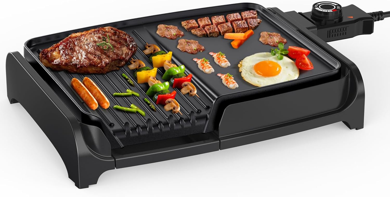 Tiatar 2-in-1 Electric Table Grill, 1600 W Electric Grill Plate with Grease Tray, Teppanyaki non-Stick Coating, Adjustable Temperies Electric Grill for Balcony