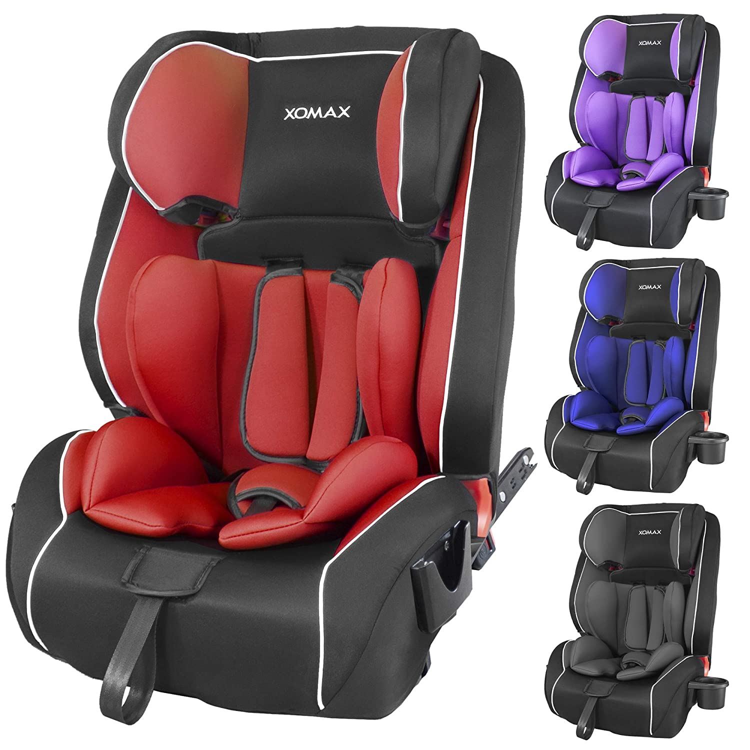 Xomax HQ668 Isofix Child Car Seat, 9 - 36 kg with Bottle Holder, Grows with Your Child: 1 - 12 Years, Group 1 / 2 / 3, 5-Point Harness and 3-Point Harness, Removable and Washable Cover, ECE R44/04 red