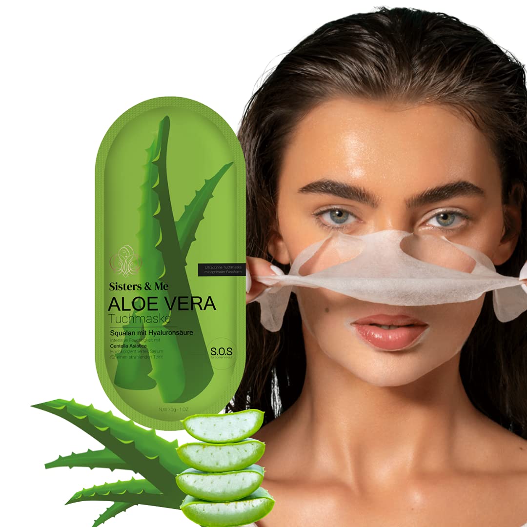 Sisters & Me Aloe Vera Tuchmasken Gesicht, Vegan, Beauty Maske, Hochdosiert, Aloe Vera Gel mit Hyaluron Serum, Squalan, Feuchtigkeitsmaske Gesicht für trockene Haut, Anti Aging, Masken Pflege